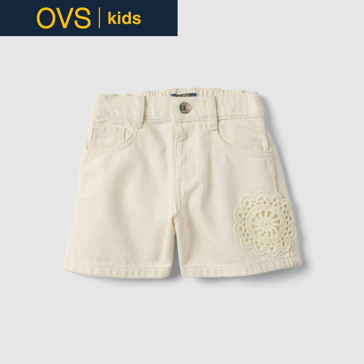 OVS KIDS(オヴィエッセ キッズ)  ホワイト ピュアコットン デニム レギュラーフィット ショートパンツ（レース付き） 女の子 キッズ(ソフトホワイト-122cm)