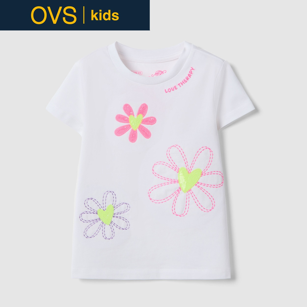 OVS KIDS(オヴィエッセ キッズ)  ホワイト ストレッチコットン レギュラーフィット Tシャツ（フラワー刺繍） 女の子 キッズ(オプティカルホワイト-110cm)