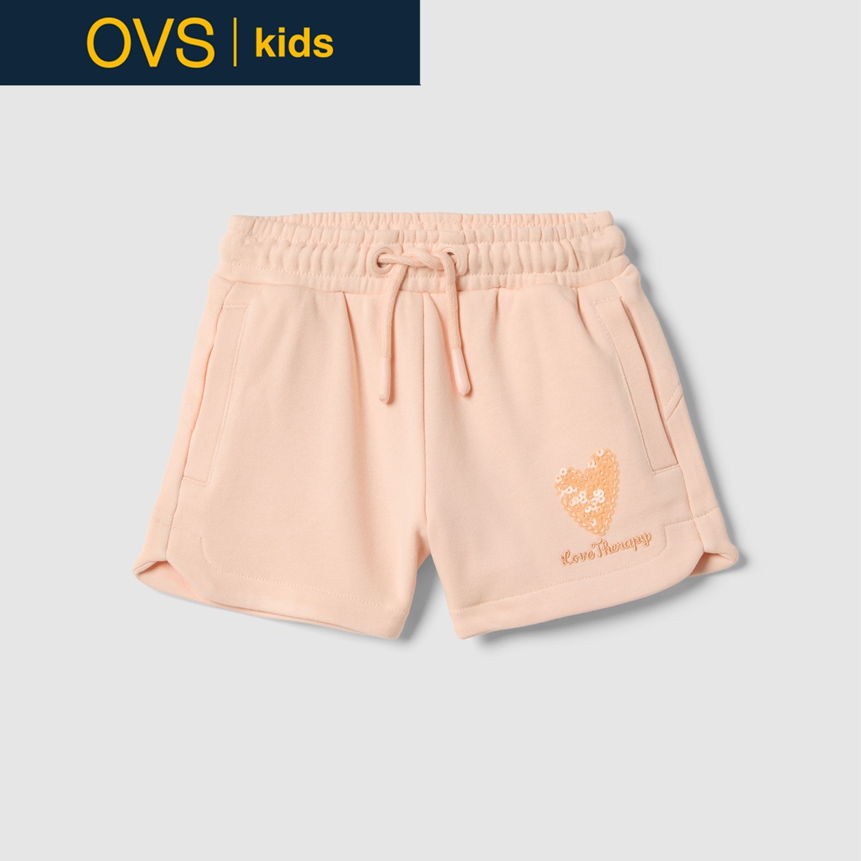 OVS KIDS(オヴィエッセ キッズ)  ピンク コットン混 レギュラーフィット ショートパンツ（ハートモチーフ） 女の子 キッズ(パステルピンク-128cm)