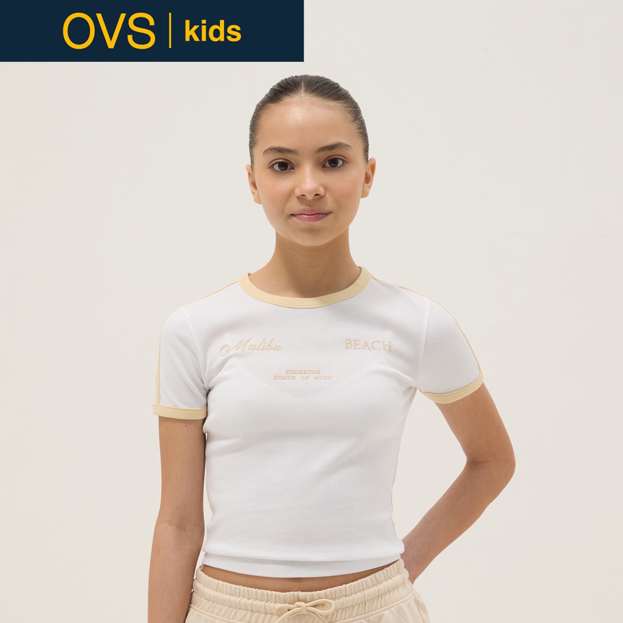 OVS KIDS(オヴィエッセ キッズ)  ホワイト ストレッチコットン レギュラーフィット Tシャツ 女の子 キッズ(ホワイト/ベージュ（マルチカラー）-152cm)