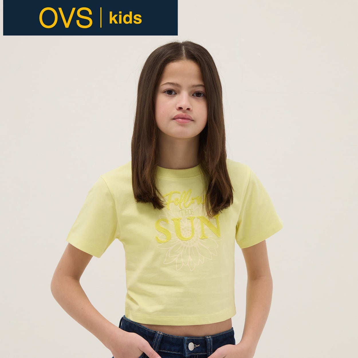 OVS KIDS(オヴィエッセ キッズ)  イエロー ピュアコットン レギュラーフィット Tシャツ（プリント） 女の子 キッズ(カナリアイエロー-146cm)