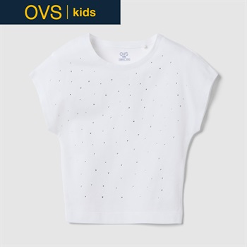 OVS KIDS(オヴィエッセ キッズ)  ホワイト ストレッチコットン スリムフィット Tシャツ（ラインストーン付き） 女の子 キッズ(オプティカルホワイト-146cm)