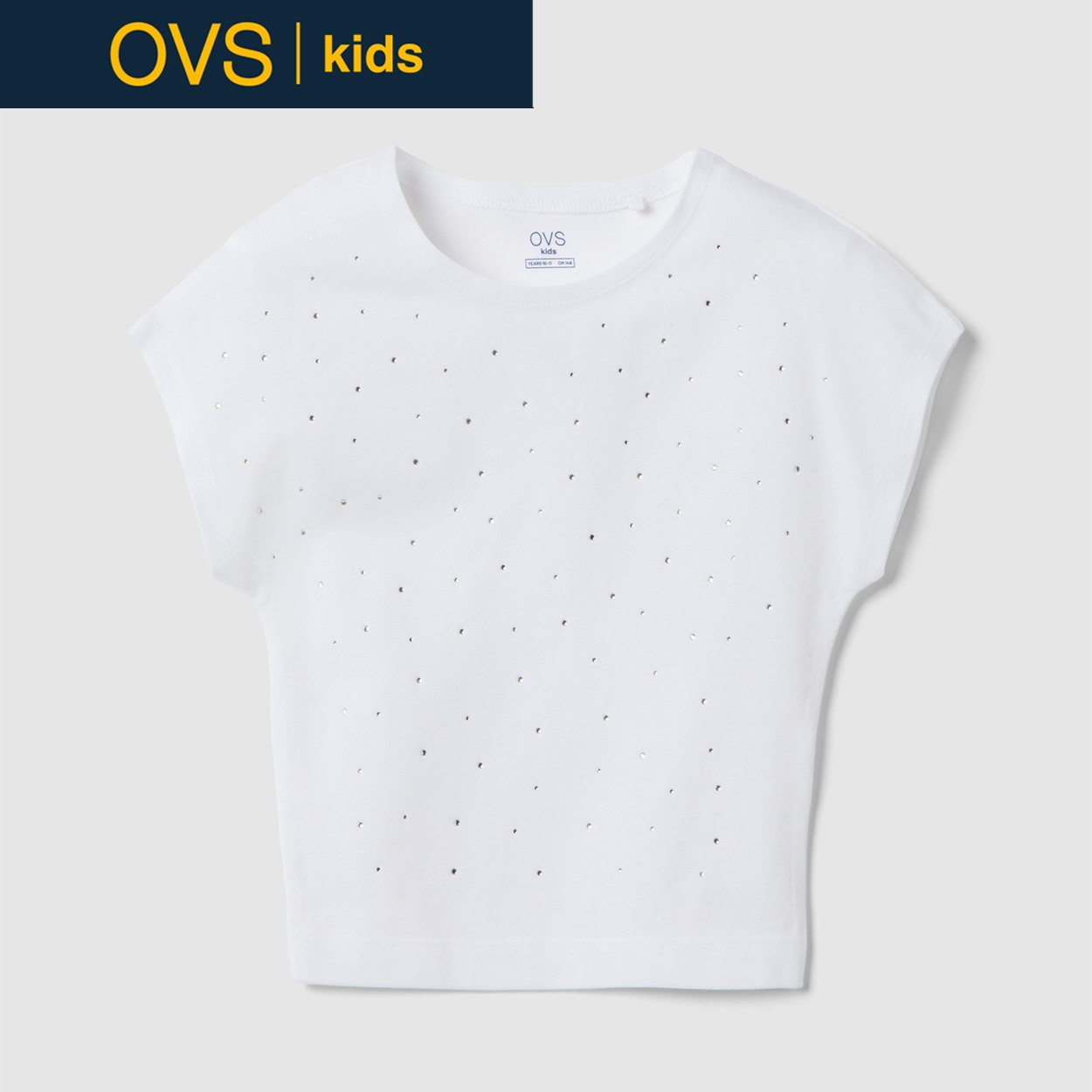 OVS KIDS(オヴィエッセ キッズ)  ホワイト ストレッチコットン スリムフィット Tシャツ（ラインストーン付き） 女の子 キッズ(オプティカルホワイト-164cm)