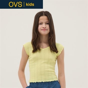 OVS KIDS(オヴィエッセ キッズ)  イエロー コットン混 フィット Vネック Tシャツ 女の子 キッズ(イエロー-146cm)
