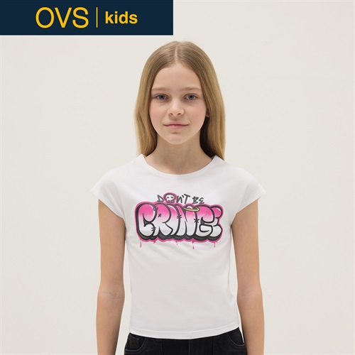 OVS KIDS(オヴィエッセ キッズ)  ホワイト ストレッチコットン スリムフィット Tシャツ（プリント） 女の子 キッズ