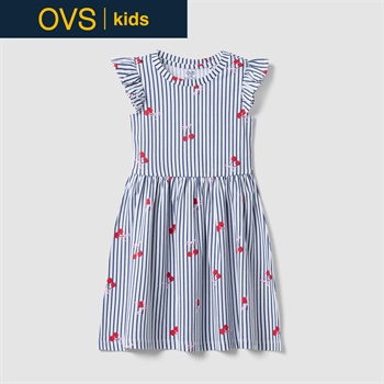 OVS KIDS(オヴィエッセ キッズ)  ブルー×ホワイト ストライプ ピュアコットン フリル付き ワンピース（プリント） 女の子 キッズ(ホワイト×ブルー（マルチカラー）-104cm)