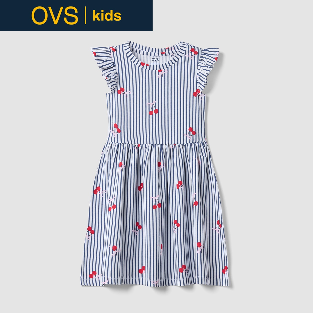 OVS KIDS(オヴィエッセ キッズ)  ブルー×ホワイト ストライプ ピュアコットン フリル付き ワンピース（プリント） 女の子 キッズ(ホワイト×ブルー（マルチカラー）-110cm)