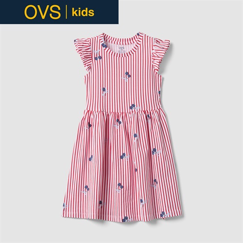 OVS KIDS(オヴィエッセ キッズ)  レッド×ホワイト ストライプ ピュアコットン フリル付き ワンピース（プリント） 女の子 キッズ