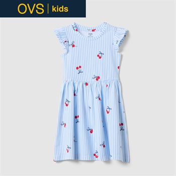 OVS KIDS(オヴィエッセ キッズ)  ホワイト×ライトブルー ストライプ ピュアコットン フリル付き ワンピース（プリント） 女の子 キッズ(ホワイト×ライトブルー（マルチカラー）-104cm)