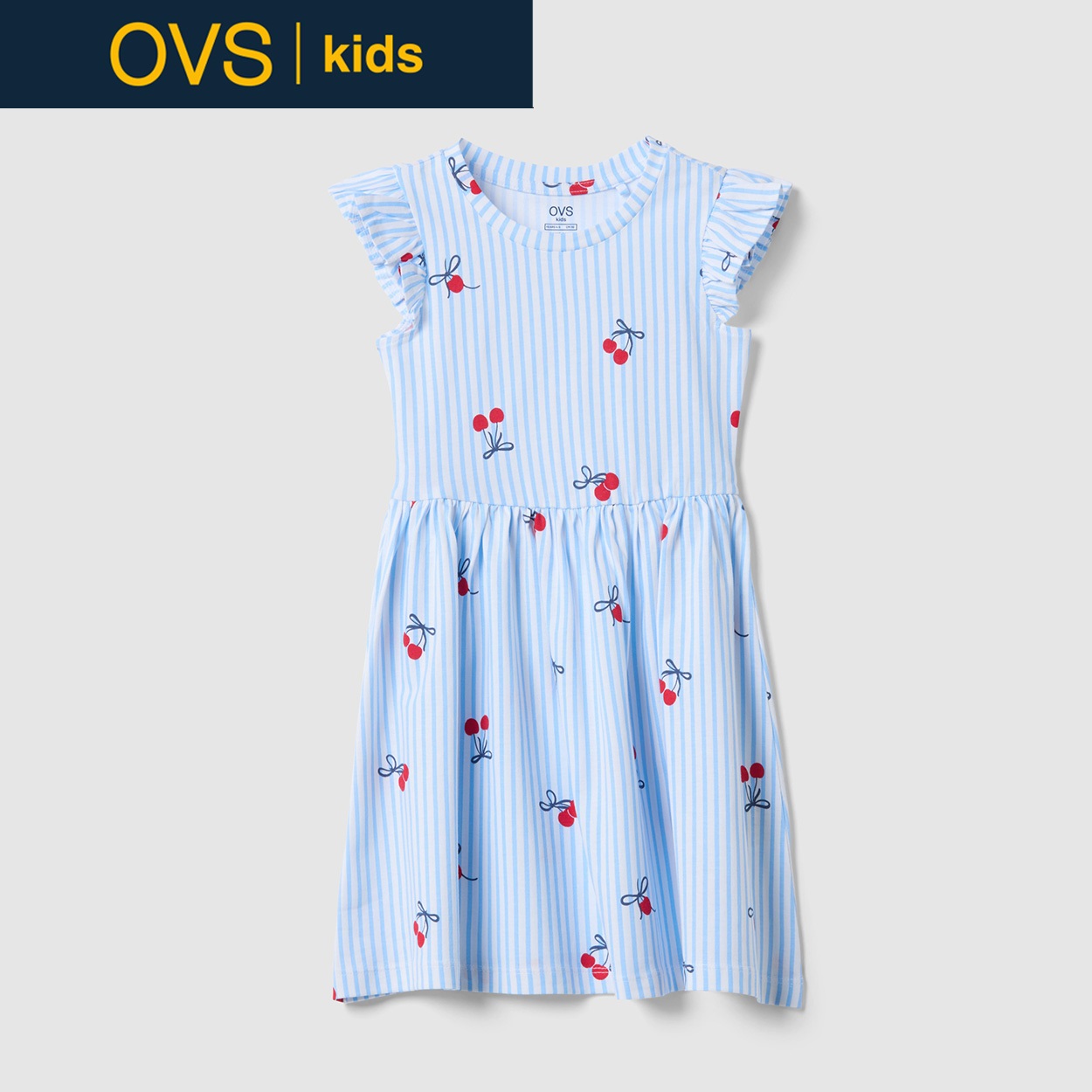 OVS KIDS(オヴィエッセ キッズ)  ホワイト×ライトブルー ストライプ ピュアコットン フリル付き ワンピース（プリント） 女の子 キッズ(ホワイト×ライトブルー（マルチカラー）-140cm)