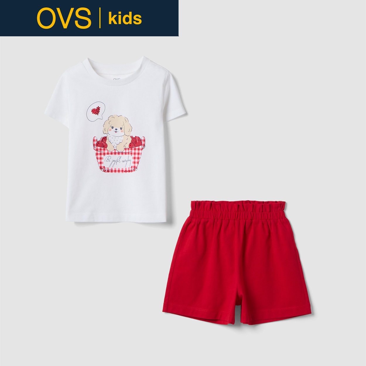 OVS KIDS(オヴィエッセ キッズ)  マルチカラー ピュアコットン Tシャツ＆ショートパンツ セット 女の子 キッズ(ホワイト×レッド（マルチカラー）-140cm)
