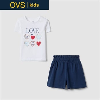 OVS KIDS(オヴィエッセ キッズ)  マルチカラー ピュアコットン Tシャツ＆ショートパンツ セット 女の子 キッズ(ホワイト×ブルー（マルチカラー）-104cm)