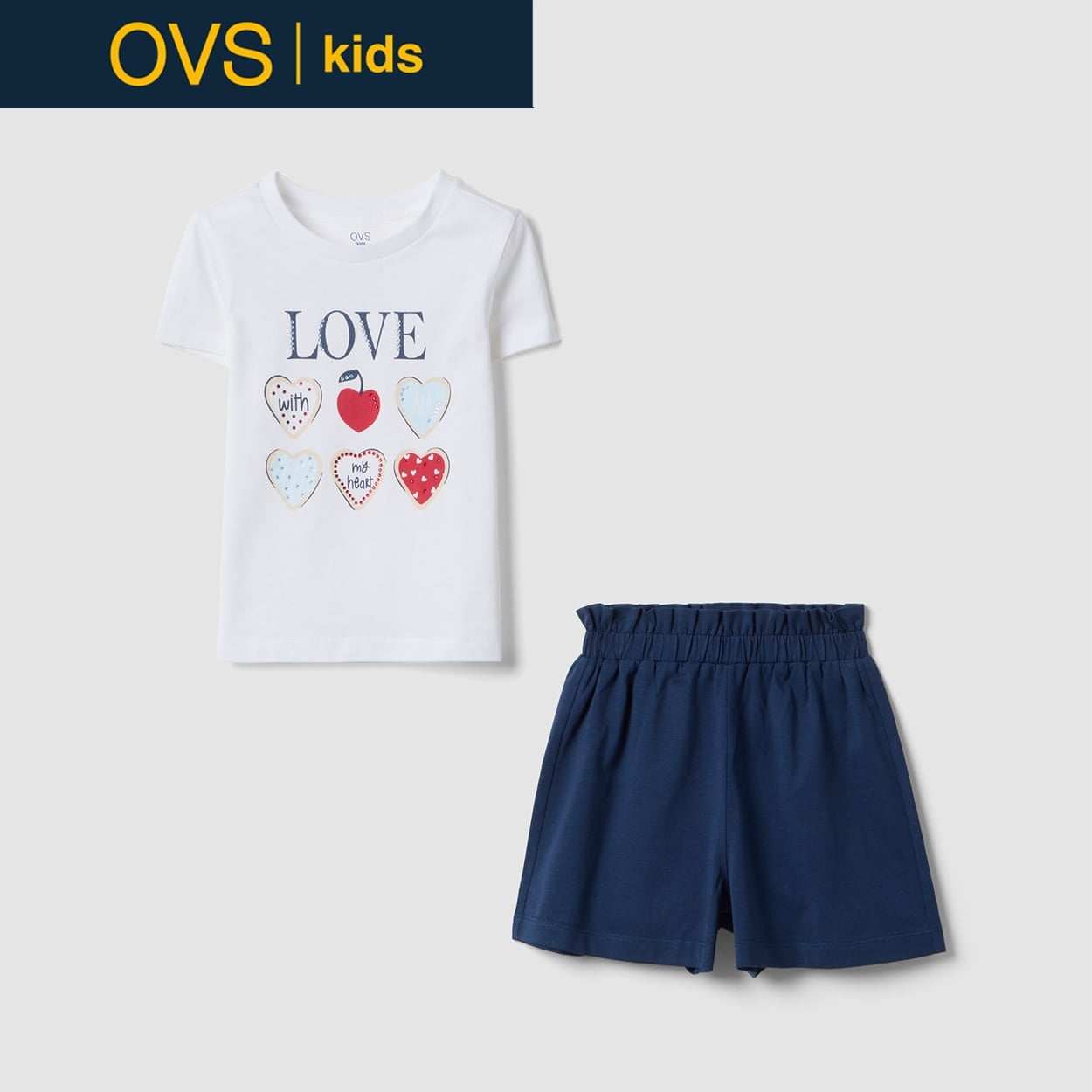 OVS KIDS(オヴィエッセ キッズ)  マルチカラー ピュアコットン Tシャツ＆ショートパンツ セット 女の子 キッズ(ホワイト×ブルー（マルチカラー）-134cm)