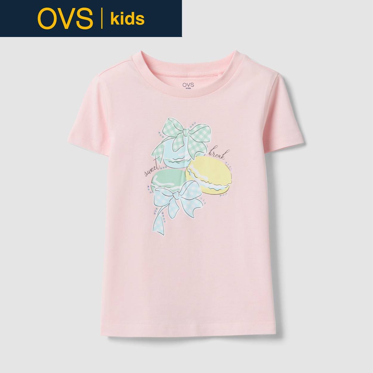 OVS KIDS(オヴィエッセ キッズ)  ピンク ピュアコットン レギュラーフィット Tシャツ（プリント） 女の子 キッズ(パステルピンク-128cm)