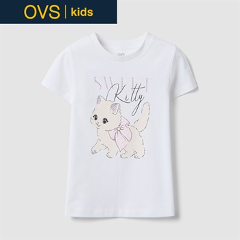 OVS KIDS(オヴィエッセ キッズ)  ホワイト ピュアコットン レギュラーフィット Tシャツ（プリント） 女の子 キッズ(オプティカルホワイト-104cm)
