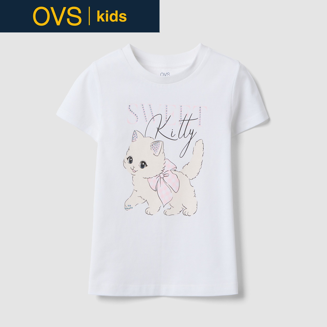 OVS KIDS(オヴィエッセ キッズ)  ホワイト ピュアコットン レギュラーフィット Tシャツ（プリント） 女の子 キッズ(オプティカルホワイト-110cm)
