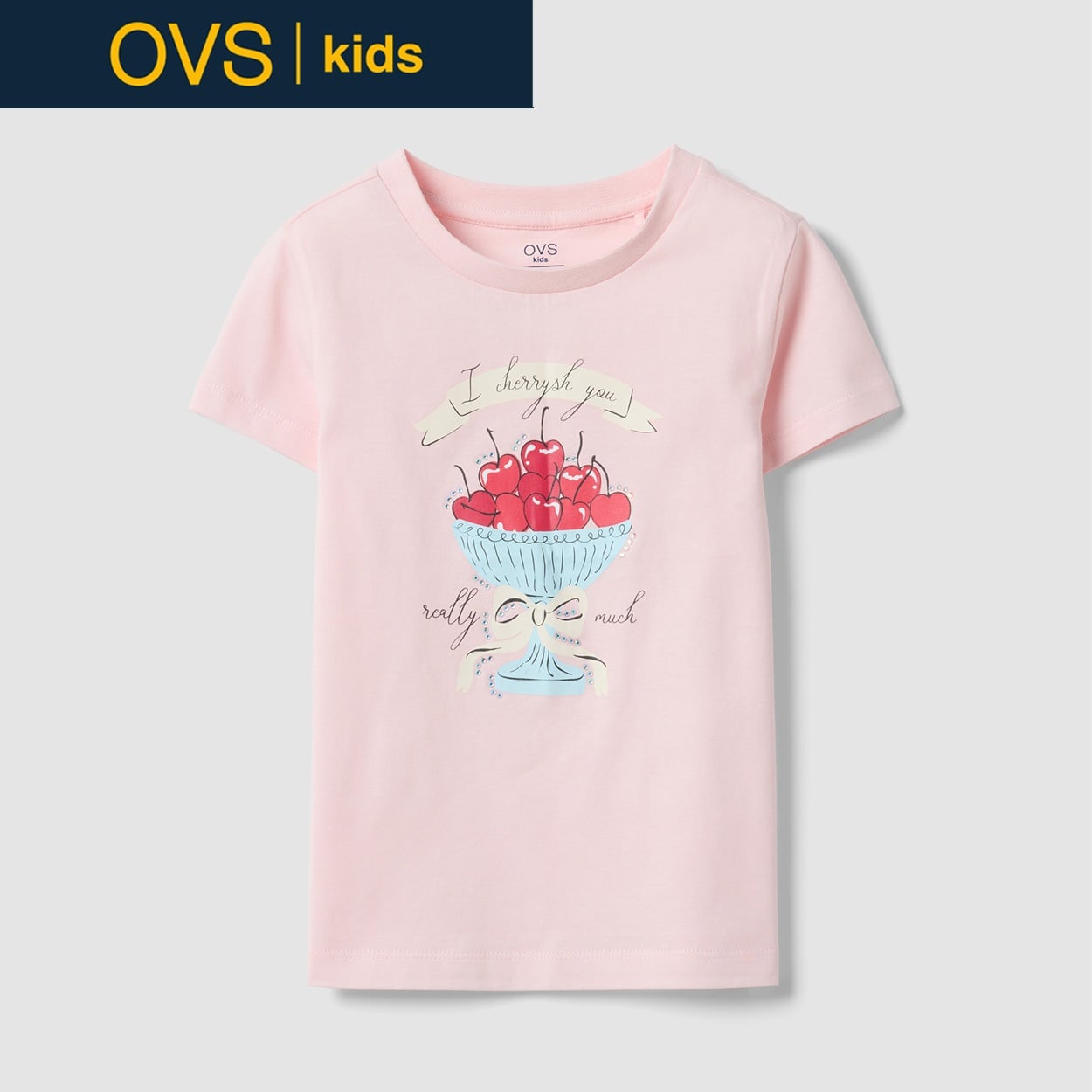 OVS KIDS(オヴィエッセ キッズ)  ピンク ピュアコットン レギュラーフィット Tシャツ（プリント） 女の子 キッズ(ライトピンク-104cm)