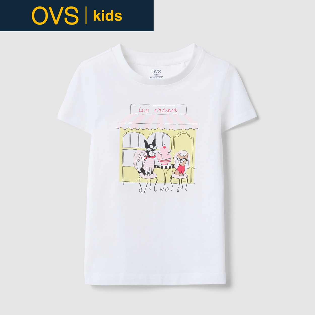 OVS KIDS(オヴィエッセ キッズ)  ホワイト ピュアコットン レギュラーフィット Tシャツ（プリント） 女の子 キッズ(オプティカルホワイト-104cm)