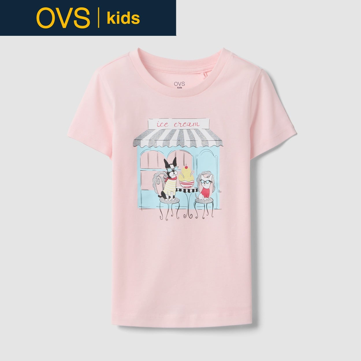 OVS KIDS(オヴィエッセ キッズ)  ピンク ピュアコットン レギュラーフィット Tシャツ（プリント） 女の子 キッズ(パステルピンク-110cm)
