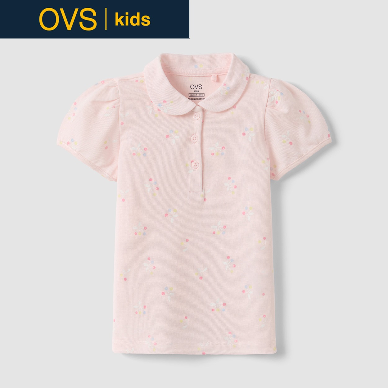 OVS KIDS(オヴィエッセ キッズ)  ピンク フラワー柄 ピュアコットン レギュラーフィット 半袖ポロシャツ 女の子 キッズ(ライトピンク-110cm)