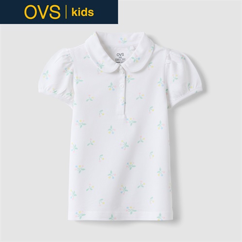 OVS KIDS(オヴィエッセ キッズ)  ホワイト フラワー柄 ピュアコットン レギュラーフィット 半袖ポロシャツ 女の子 キッズ