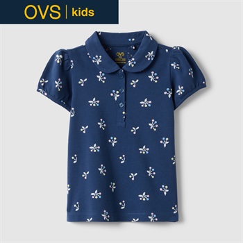 OVS KIDS(オヴィエッセ キッズ)  ブルー フラワー柄 ピュアコットン レギュラーフィット 半袖ポロシャツ 女の子 キッズ(ネイビーブルー-104cm)