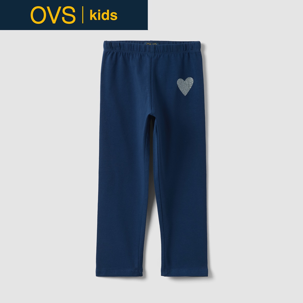 OVS KIDS(オヴィエッセ キッズ)  ブルー ハートモチーフ付き ストレッチコットン スリムフィット レギンス 女の子 キッズ(ネイビーブルー-134cm)