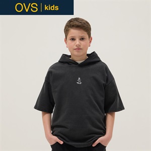 OVS KIDS(オヴィエッセ キッズ)  ブラック ピュアコットン オーバーサイズ フード付き Tシャツ 男の子 キッズ(ガンメタル-146cm)