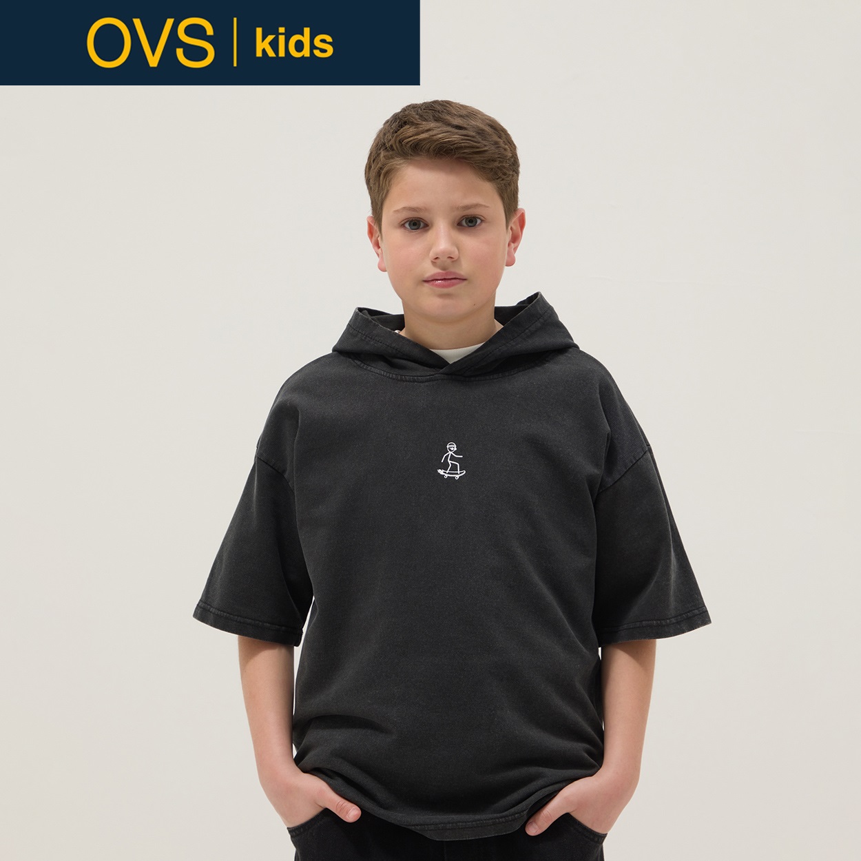 OVS KIDS(オヴィエッセ キッズ)  ブラック ピュアコットン オーバーサイズ フード付き Tシャツ 男の子 キッズ(ガンメタル-164cm)