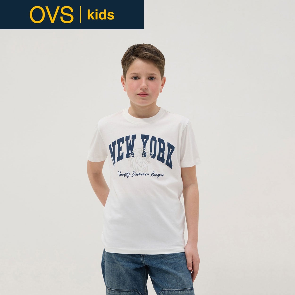 OVS KIDS(オヴィエッセ キッズ)  ホワイト ピュアコットン レギュラーフィット Tシャツ（プリント） 男の子 キッズ(オプティカルホワイト-152cm)