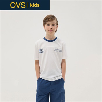 OVS KIDS(オヴィエッセ キッズ)  ホワイト ピュアコットン リラックスフィット Tシャツ（ブルー配色ネック） 男の子 キッズ(オプティカルホワイト×ブルー-146cm)