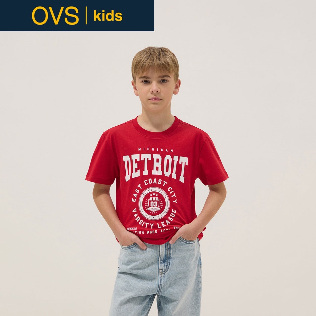 OVS KIDS(オヴィエッセ キッズ)  レッド ピュアコットン レギュラーフィット Tシャツ（プリント） 男の子 キッズ(ストロベリーレッド-146cm)