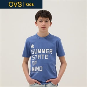 OVS KIDS(オヴィエッセ キッズ)  ブルー ピュアコットン レギュラーフィット Tシャツ（プリント） 男の子 キッズ(ダークブルー-146cm)
