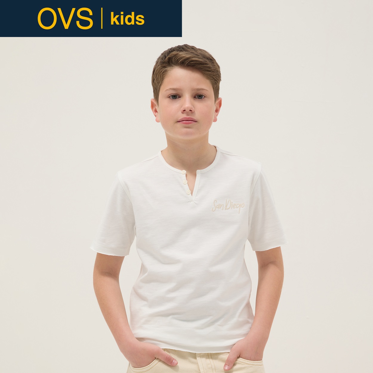 OVS KIDS(オヴィエッセ キッズ)  ホワイト ピュアコットン レギュラーフィット セラフィーノカラー ポロシャツ 男の子 キッズ(ミルキーホワイト-152cm)