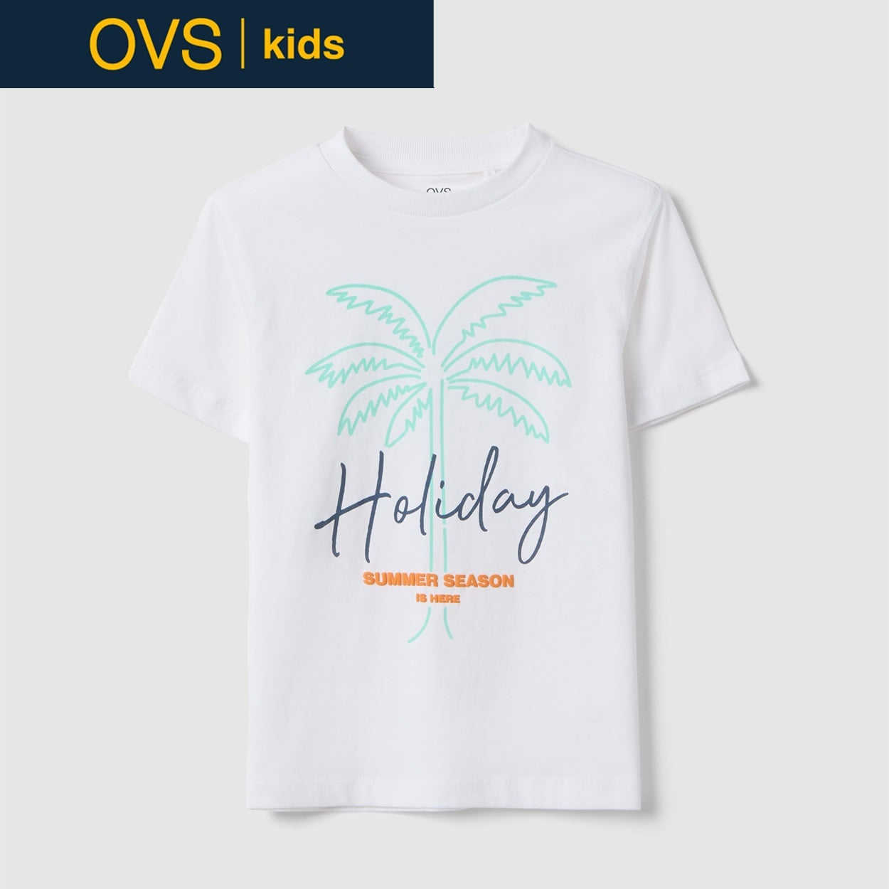 OVS KIDS(オヴィエッセ キッズ)  ホワイト パームプリント ピュアコットン レギュラーフィット Tシャツ 男の子 キッズ(オプティカルホワイト-104cm)