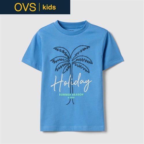 OVS KIDS(オヴィエッセ キッズ)  ブルー パームプリント ピュアコットン レギュラーフィット Tシャツ 男の子 キッズ