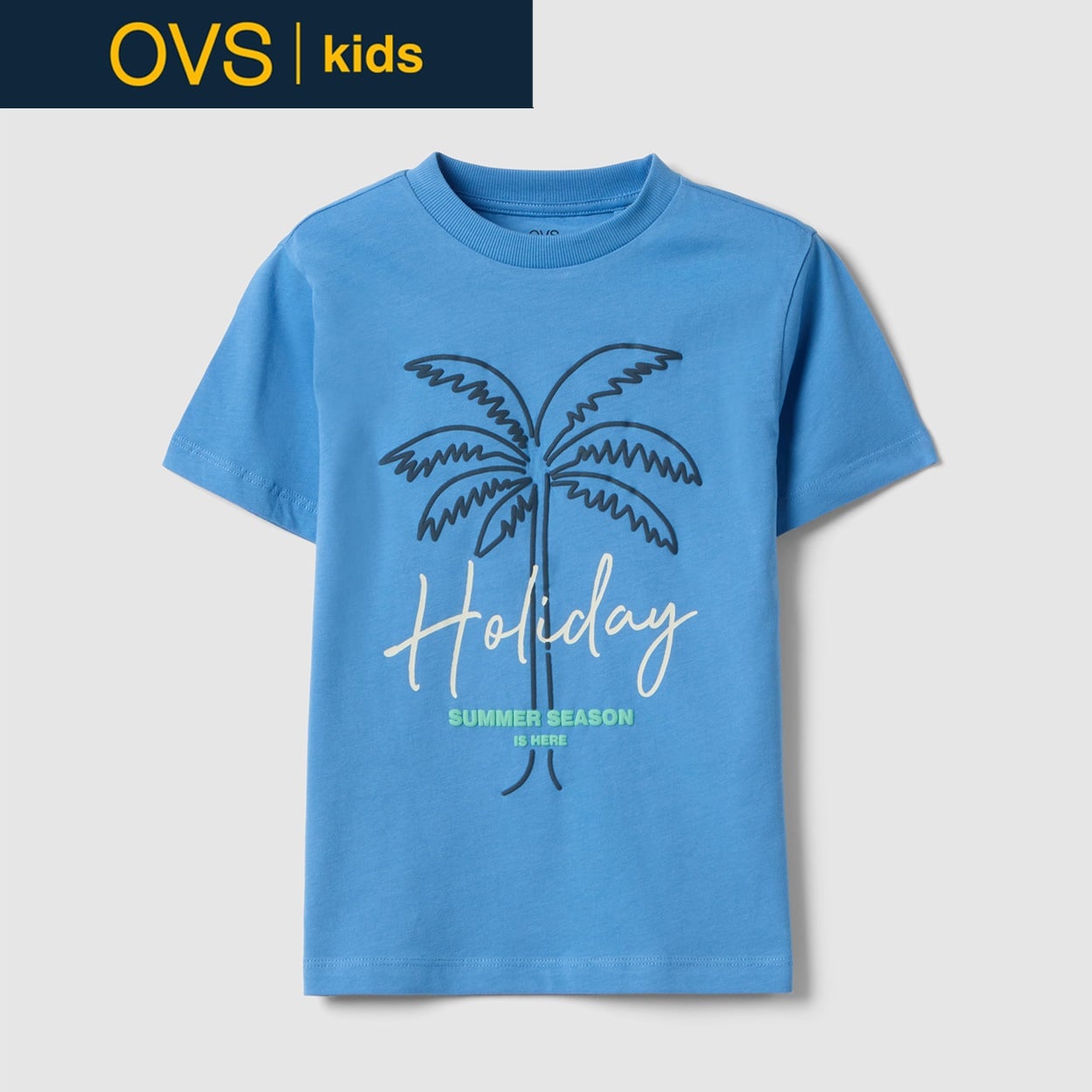 OVS KIDS(オヴィエッセ キッズ)  ブルー パームプリント ピュアコットン レギュラーフィット Tシャツ 男の子 キッズ(スカイブルー-104cm)