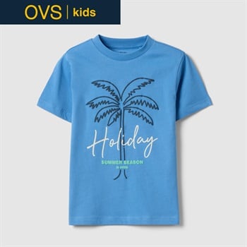 OVS KIDS(オヴィエッセ キッズ)  ブルー パームプリント ピュアコットン レギュラーフィット Tシャツ 男の子 キッズ(スカイブルー-104cm)