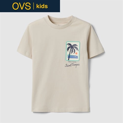 OVS KIDS(オヴィエッセ キッズ)  ベージュ パームプリント ピュアコットン レギュラーフィット Tシャツ 男の子 キッズ