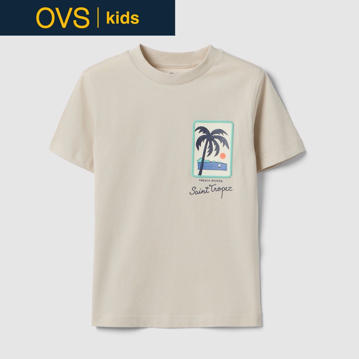 OVS KIDS(オヴィエッセ キッズ)  ベージュ パームプリント ピュアコットン レギュラーフィット Tシャツ 男の子 キッズ(ライトベージュ-116cm)