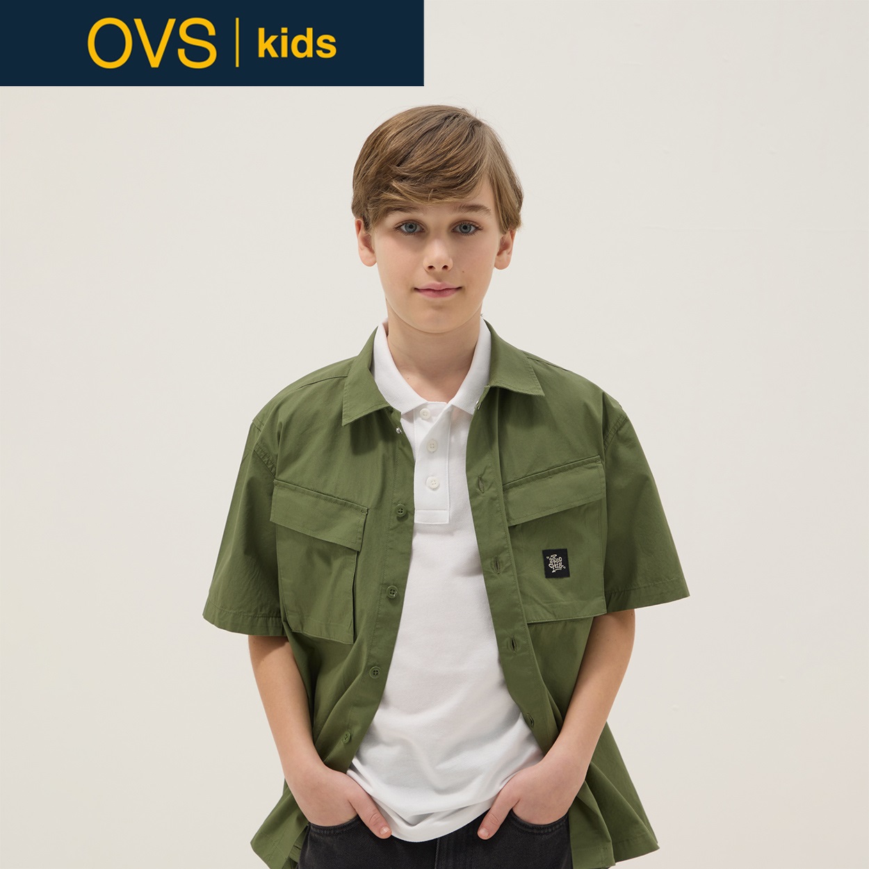OVS KIDS(オヴィエッセ キッズ)  グリーン ピュアコットン オーバーサイズフィット シャツ 男の子 キッズ(グリーン-158cm)