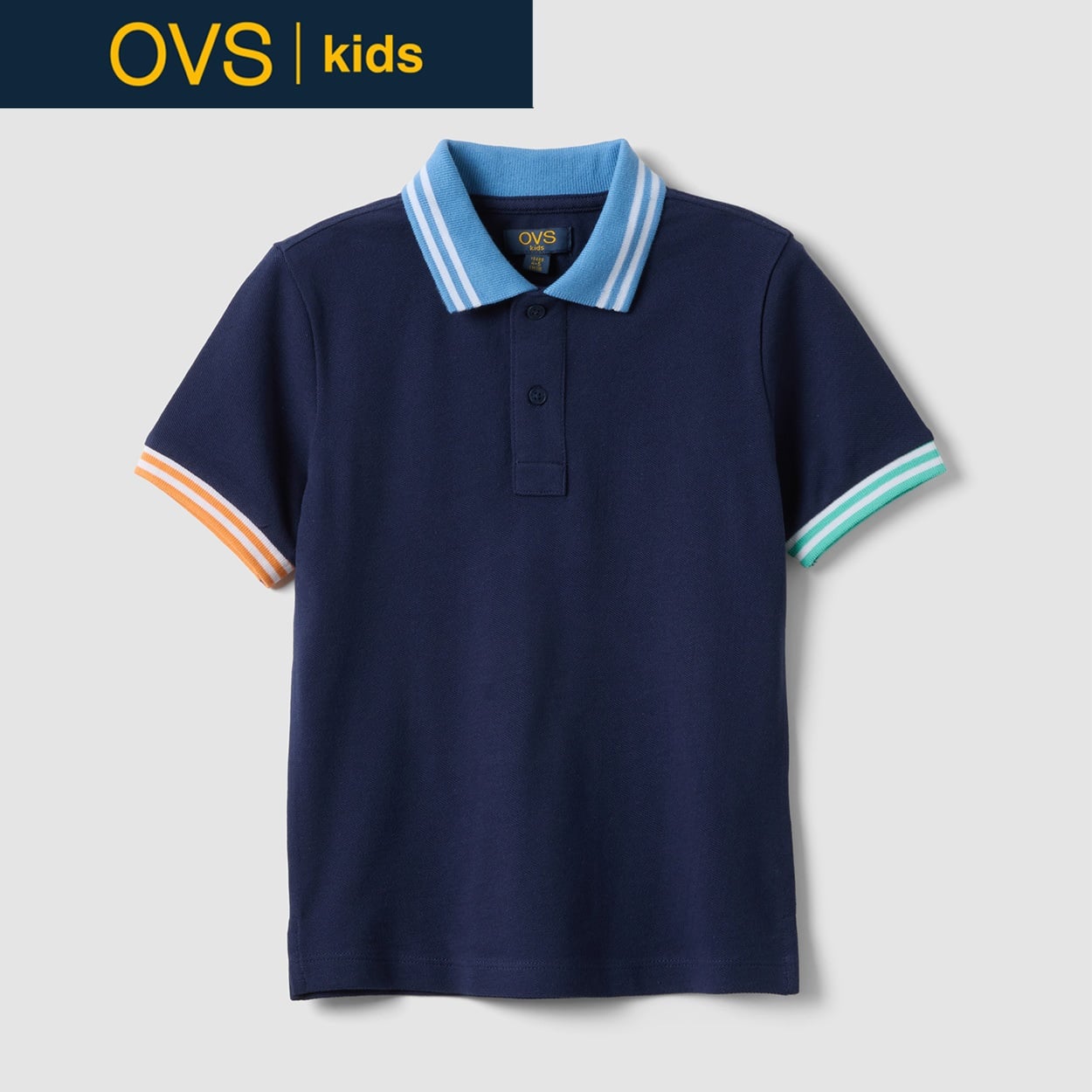 OVS KIDS(オヴィエッセ キッズ)  ブルー 配色トリム ピュアコットン レギュラーフィット 半袖ポロシャツ 男の子 キッズ(ダークブルー-104cm)