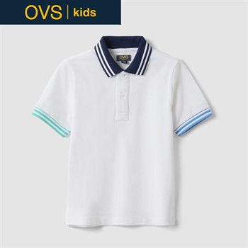 OVS KIDS(オヴィエッセ キッズ)  ホワイト 配色トリム ピュアコットン レギュラーフィット 半袖ポロシャツ 男の子 キッズ(オプティカルホワイト-104cm)