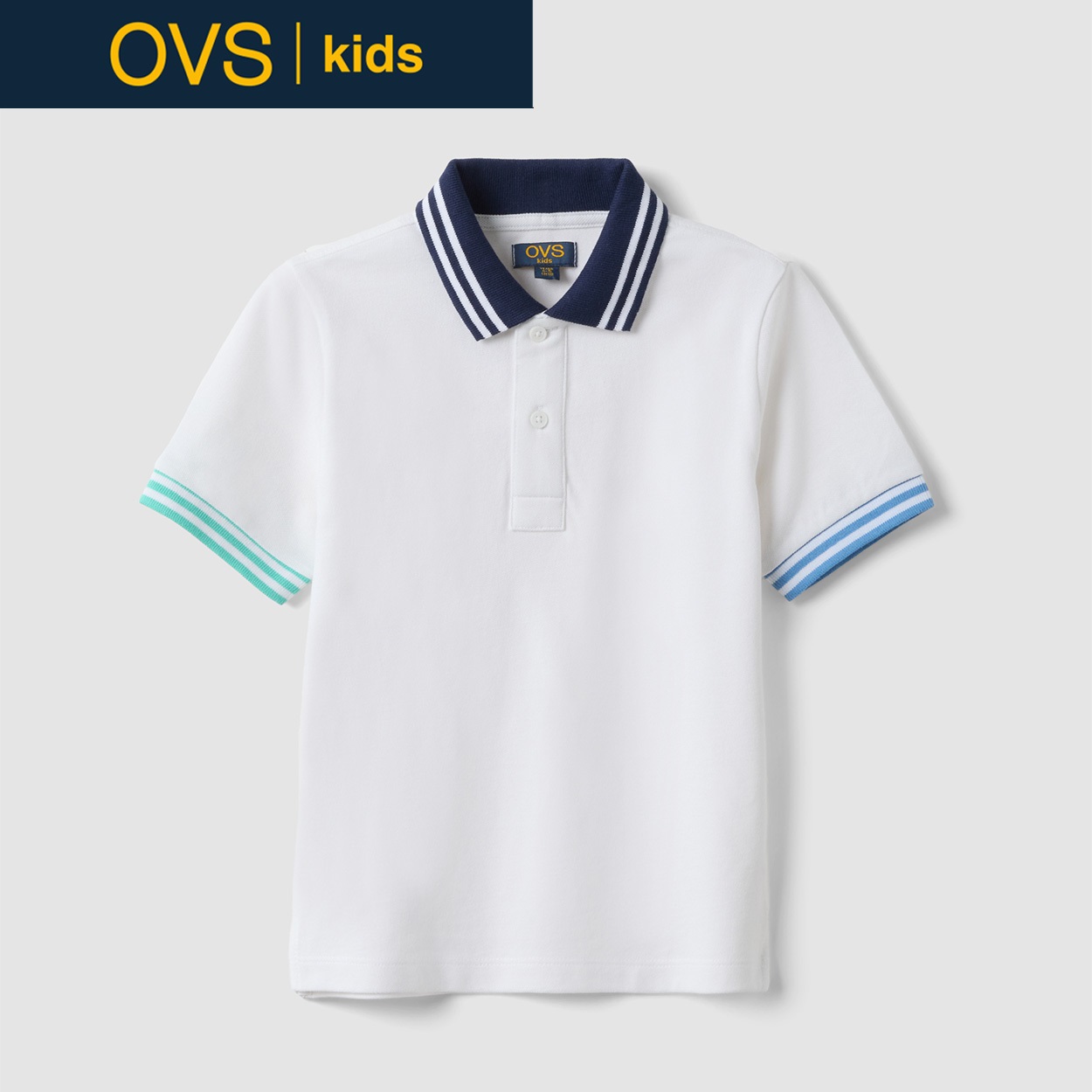 OVS KIDS(オヴィエッセ キッズ)  ホワイト 配色トリム ピュアコットン レギュラーフィット 半袖ポロシャツ 男の子 キッズ(オプティカルホワイト-140cm)