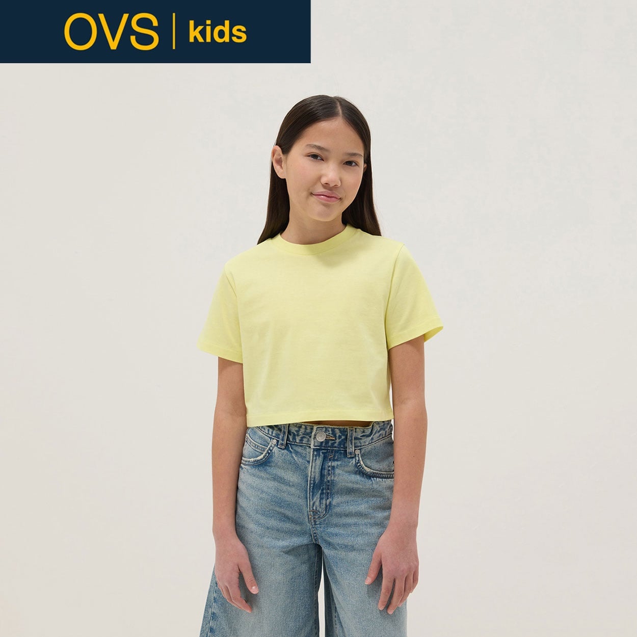OVS KIDS(オヴィエッセ キッズ)  イエロー ピュアコットン ボクシーフィット Tシャツ 女の子 キッズ(イエロー-152cm)