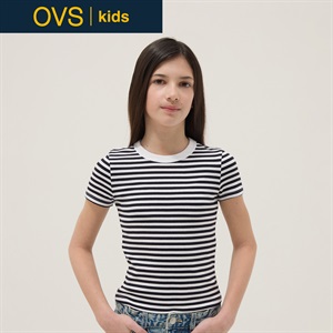 OVS KIDS(オヴィエッセ キッズ)  マルチカラー ボーダー柄 ストレッチコットン スリムフィット Tシャツ 女の子 キッズ(ホワイト×ブラック（マルチカラー）-146cm)