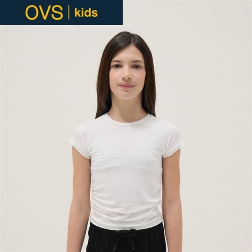 OVS KIDS(オヴィエッセ キッズ)  ホワイト ストレッチコットン スリムフィット Tシャツ(裾ギャザー) 女の子 キッズ