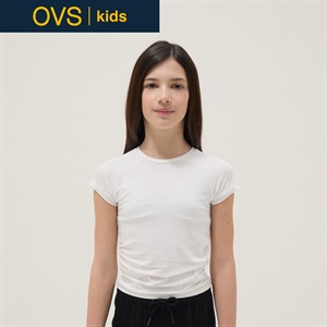 OVS KIDS(オヴィエッセ キッズ)  ホワイト ストレッチコットン スリムフィット Tシャツ(裾ギャザー) 女の子 キッズ(オプティカルホワイト-146cm)