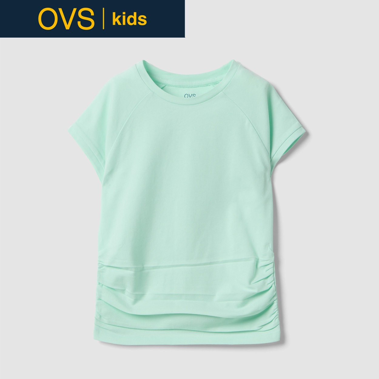OVS KIDS(オヴィエッセ キッズ)  グリーン ストレッチコットン スリムフィット Tシャツ(裾ギャザー) 女の子 キッズ(アクアグリーン-152cm)
