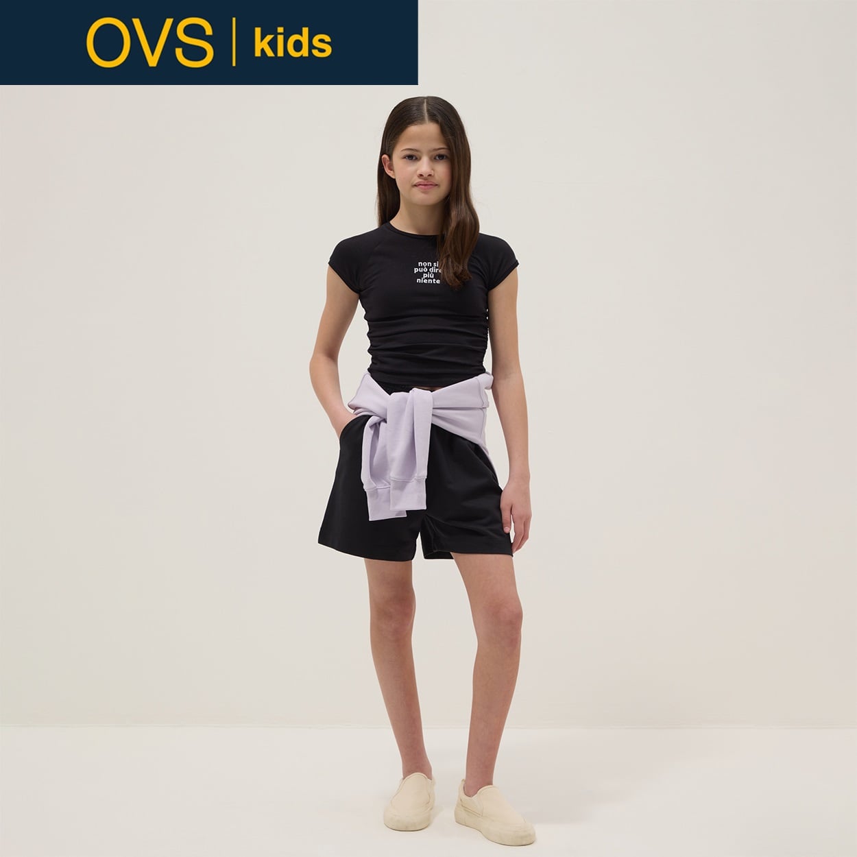OVS KIDS(オヴィエッセ キッズ)  ブラック ピュアコットン オーバーサイズ ショートパンツ 女の子 キッズ(ガンメタル-152cm)